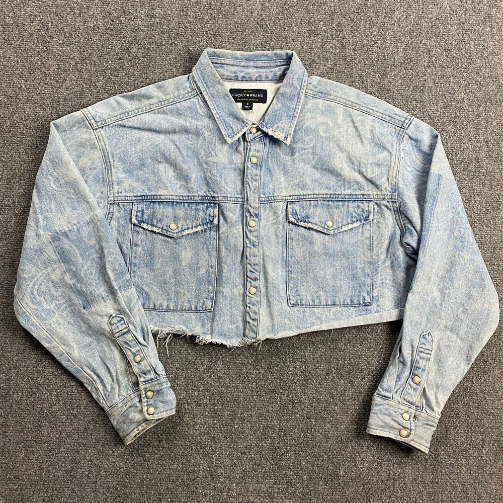 Lucky Brand Shirt Women's Small Floral Denim Pearl Snap Crop Distressed Relaxed